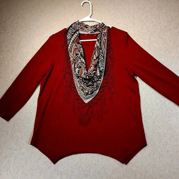 Women's  Burgundy Long Sleeve Blouse w/Detachable Fringed Scarf CK MEASUREMENTS - Picture 1 of 10